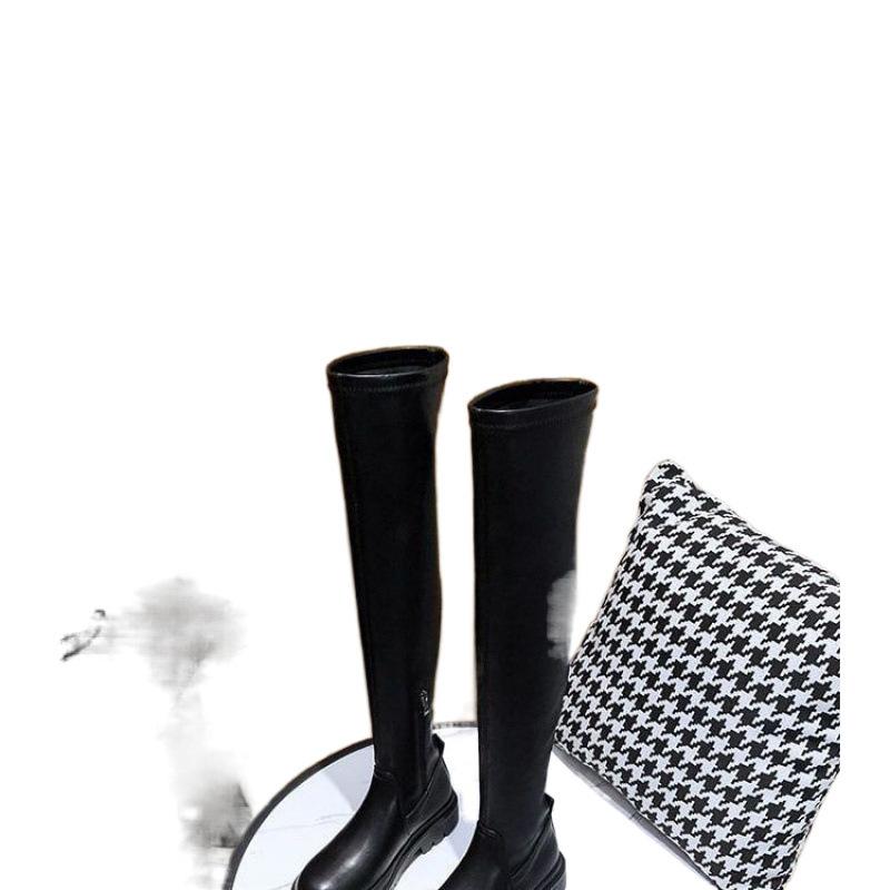 Ботфорты женские осенне-зимние новые эластичные сапоги тонкие черные приподнятые круглые носки на плоском каблуке среднего размера на толстой подошве рыцарские сапоги