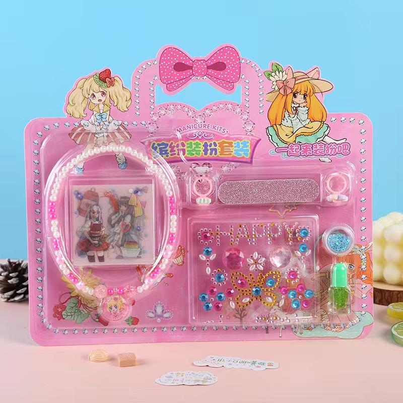 Kids Stickers Nail Polish Makeup Kit Girls Princess Dress Up Stickers Necklace Ring Set Children'S Play House Toys Gifts