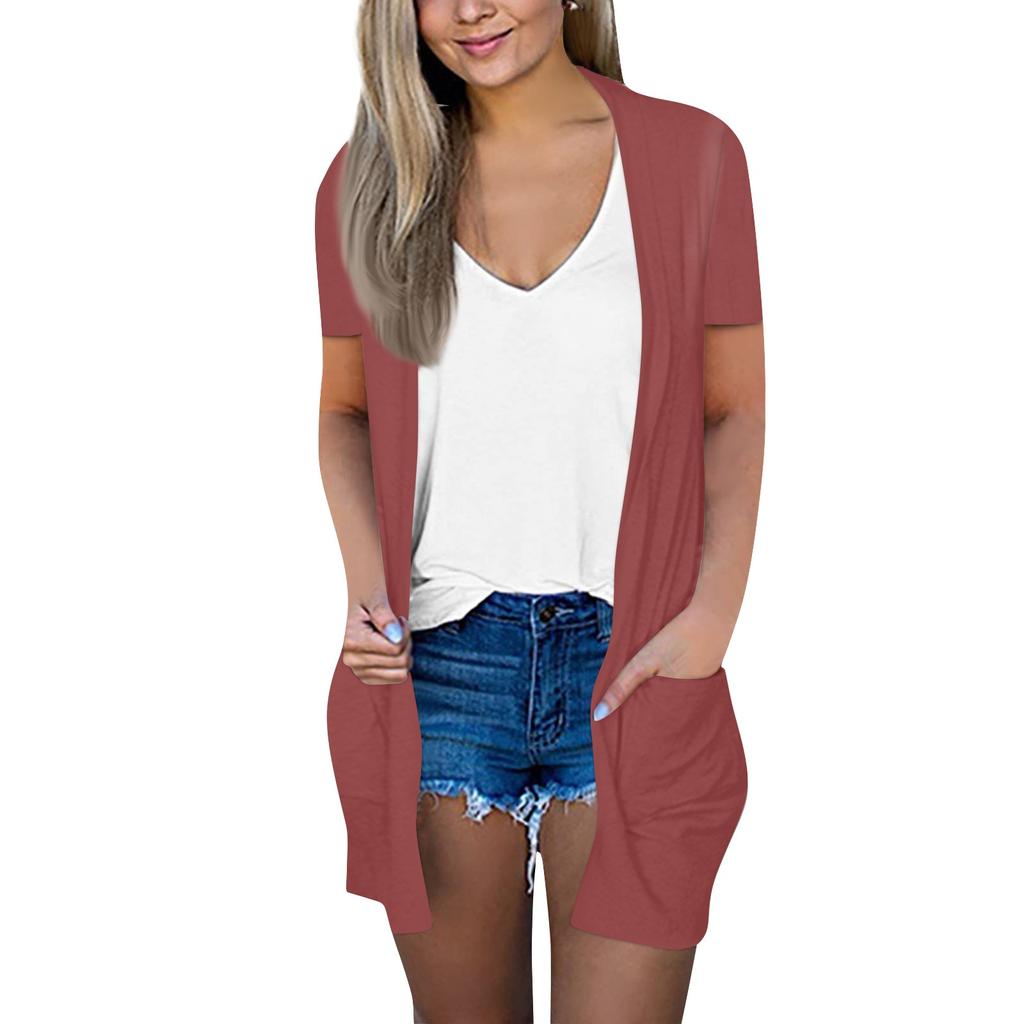 Women's Fashion Loose Casual Pocket Solid Color Cardigan Short Sleeve Jacket Top