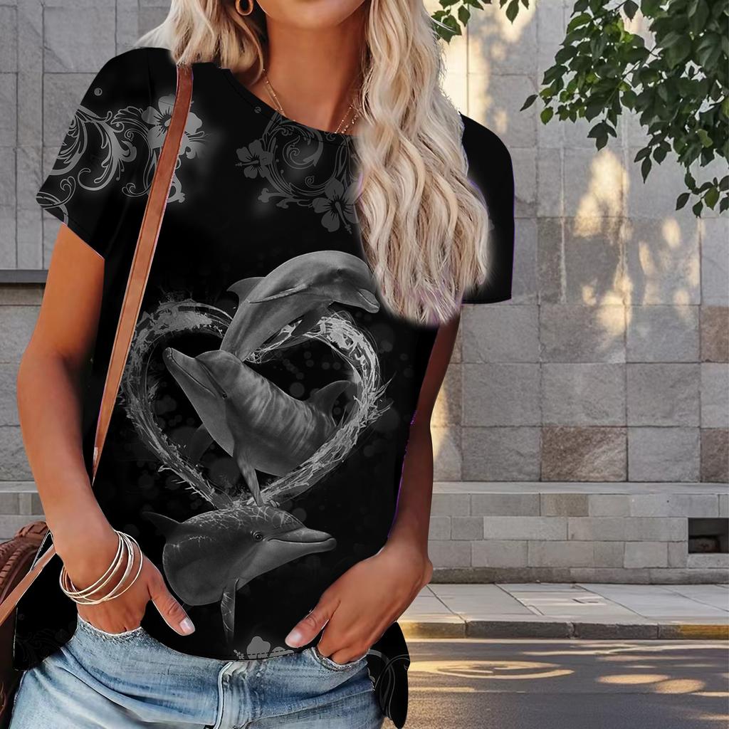 Women Summer T Shirt Dolphin Print Retro Fashion Short Sleeve Tees Casual Printed Tops