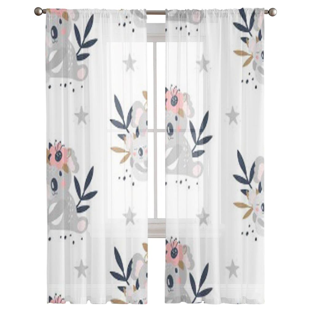 Симпатичные белые тюлевые прозрачные оконные шторы с коалой для гостиной, спальни, современная шифоновая вуаль, занавески из органзы, декор, шторы