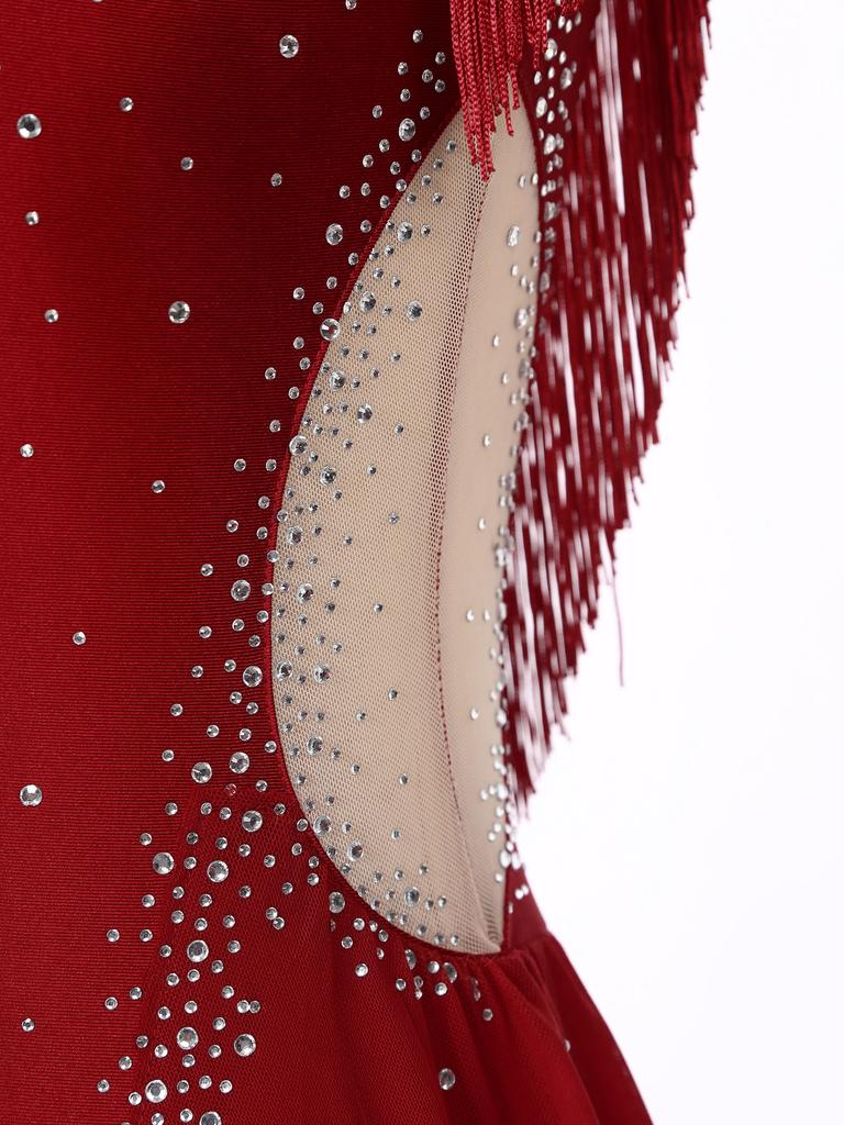 Womens Ballet Gymnastics Dress Rhinestones Figure Ice Skating Leotard Sleeveless Sheer Mesh Patchwork Tassel Skirted Bodysuit