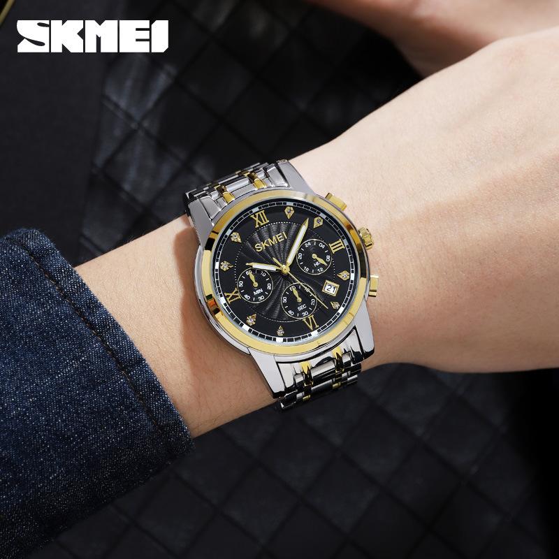 Skmei Мужские кварцевые часы Moment Beauty с шестью стрелками и хронографом, трехглазый циферблат, стальной ремешок, деловые мужские часы