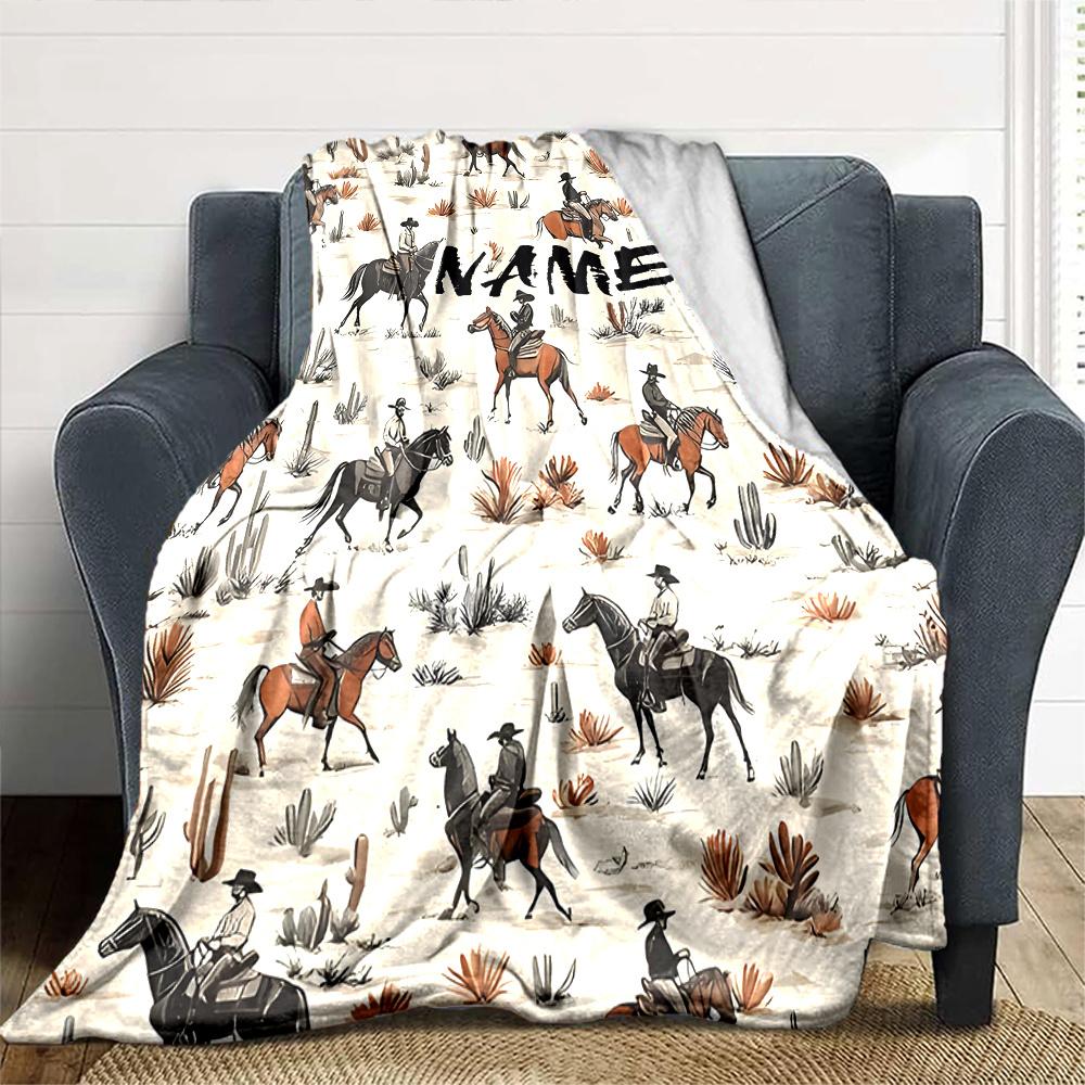 Western Cowboy Horse Riding Scene Design Artwork Multipurpose Customizable Blanket Customize Your Name Soft Cozy For Sofa Couch Office Bed Picnics