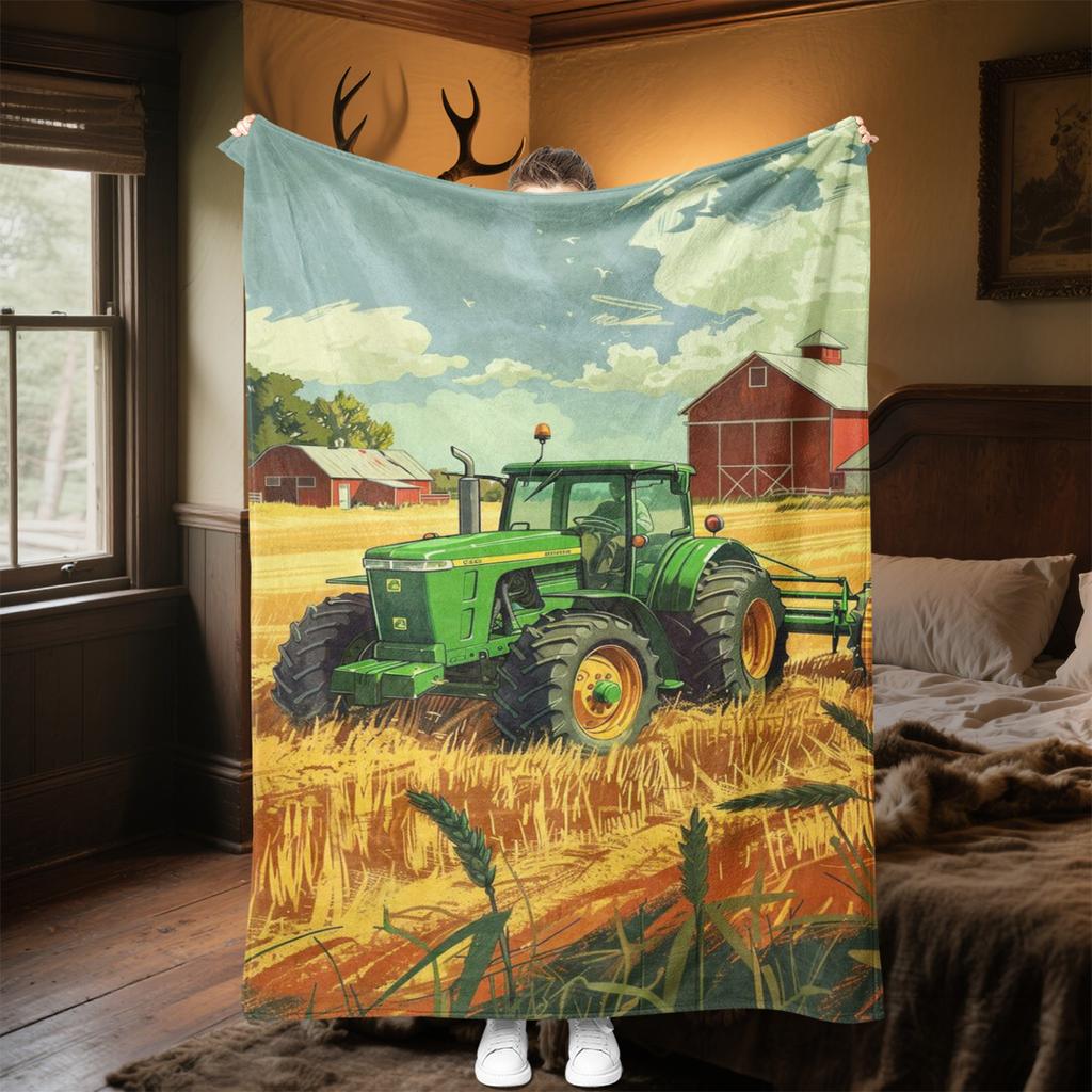 1PC Tractor Farmhouse Scene Blanket Soft Comfortable All Seasons Suitable Sofa Office Travel Festive Gift