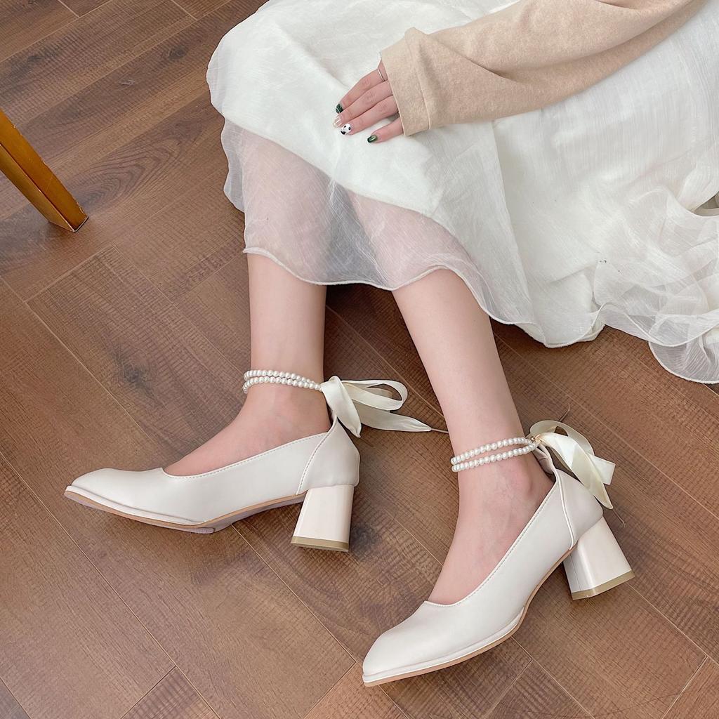 Туфли Мэри Джейн 2025 года, новые туфли с цепочкой и жемчугом, на высоком каблуке с квадратной головкой, с толстым каблуком, с легким ртом, универсальные одинарные туфли