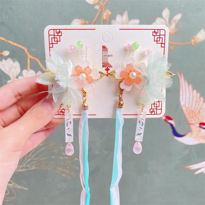 Детские аксессуары для волос в стиле ханьфу: Сказочная заколка-гребень с бабочкой и кисточками и набор заколок для волос с лентами