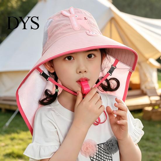 Kids Foldable Camping Hat Summer Sun for Boys Girls, Breathable Mesh Wide Brim Cap with Neck Accessories Flap, Adjustable Strap & Whistle, UV