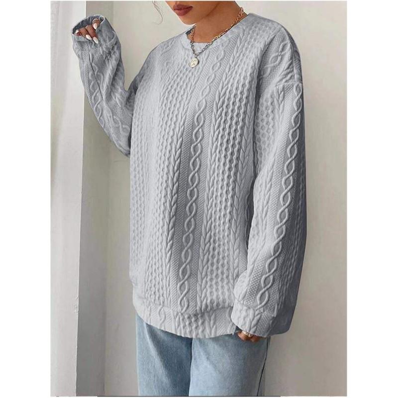 Women's Spring and Autumn Casual Comfortable Round Neck Jacquard Sweatshirt Long Sleeve Solid Color Pullover Top