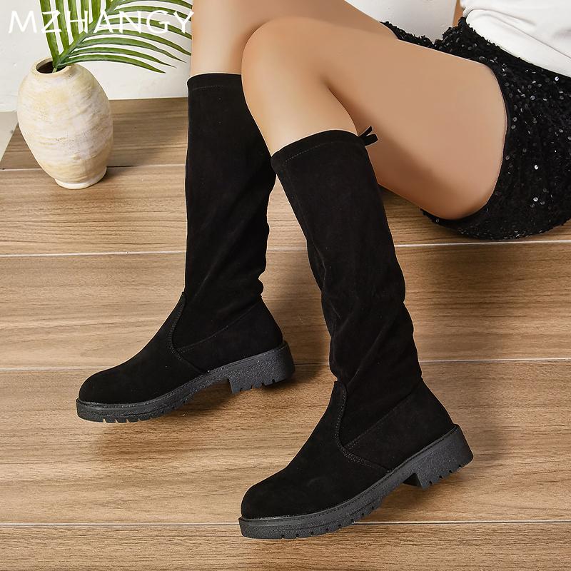 Women Flats High Boots Suede Knee High Shoes Fashion Woman 2024 Trend Chelsea Boots Walking Winter New Goth Mujer Snow Boots