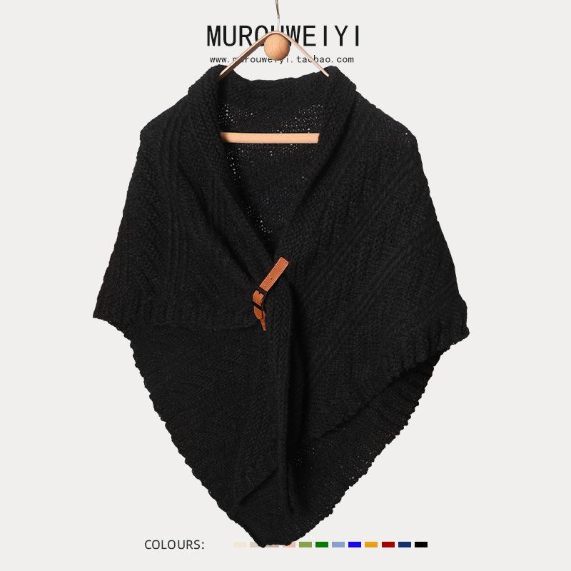 Women S Knitted Triangular Scarf With Buckle Dual Use As Shawl And Neck Warmer