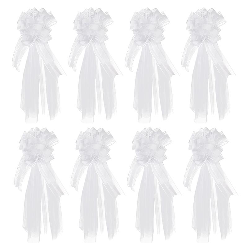 8Pcs/set White Pew Bows with Long Tulle Tails for Wedding Chair Aisle Decorations Bridal Shower Anniversary Birthday Party Decor