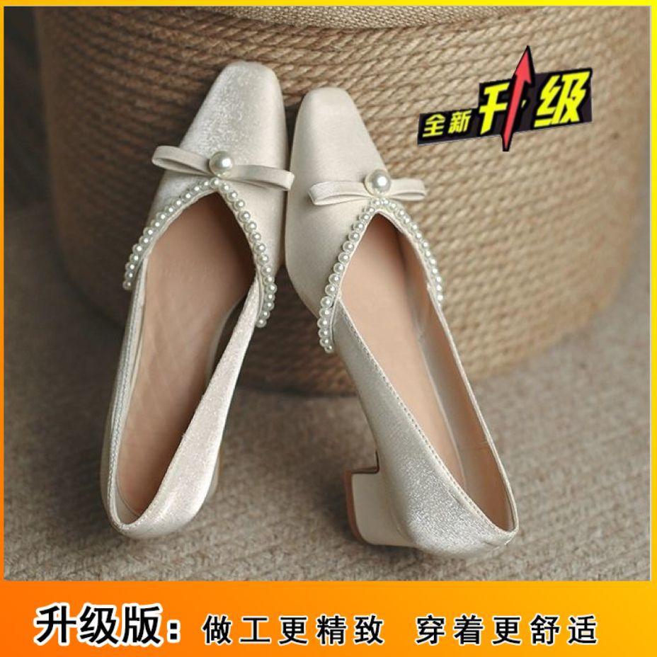Французский толстый каблук квадратный носок бант жемчуг легкий вырез вечерний бриз нежные одинарные туфли весна и осень ретро туфли Мэри Джейн женские