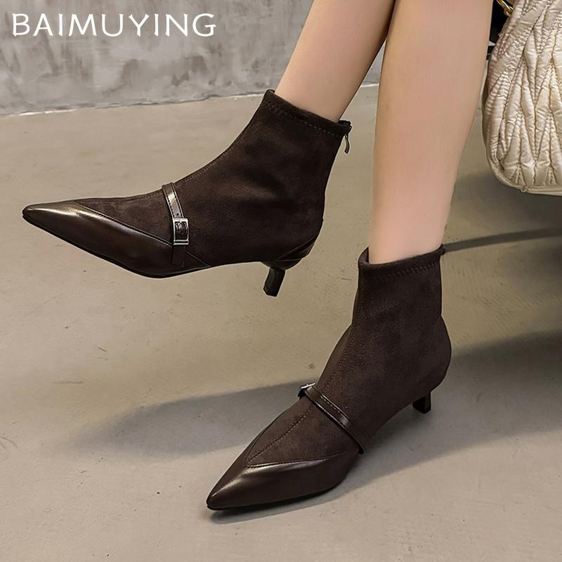 Зимние женские ботильоны с острым носком из замши, элегантные туфли на среднем каблуке 2025 года, модные сексуальные туфли-лодочки с пряжкой в готическом стиле, челси, Botas Mujer