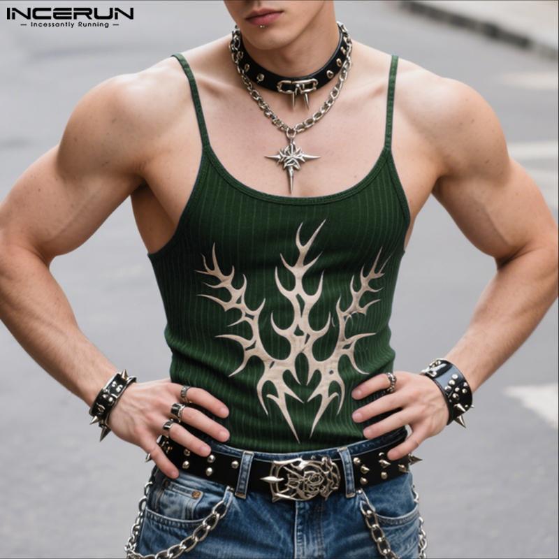INCERUN Мужские майки-борцовки без рукавов с принтом, облегающие
