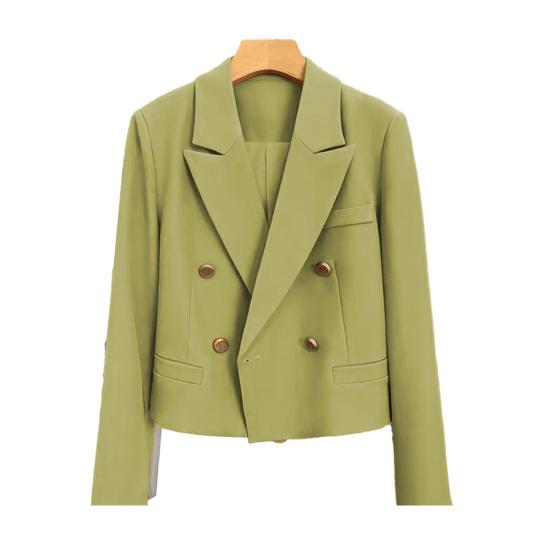Spring Women Breasted Office Cropped Blazer Lapel Solid Color Long Sleeve Double Jacket Suit Coat