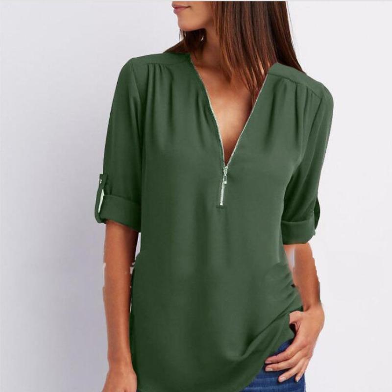 Рубашка с v-образным вырезом на молнии, женская футболка большого размера с длинными рукавами, свободная шифоновая рубашка