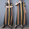 New Women 2025 Plus Size Summer Long Casual Stripe Dress Loose Cotton Linen Vintage Basic Dress