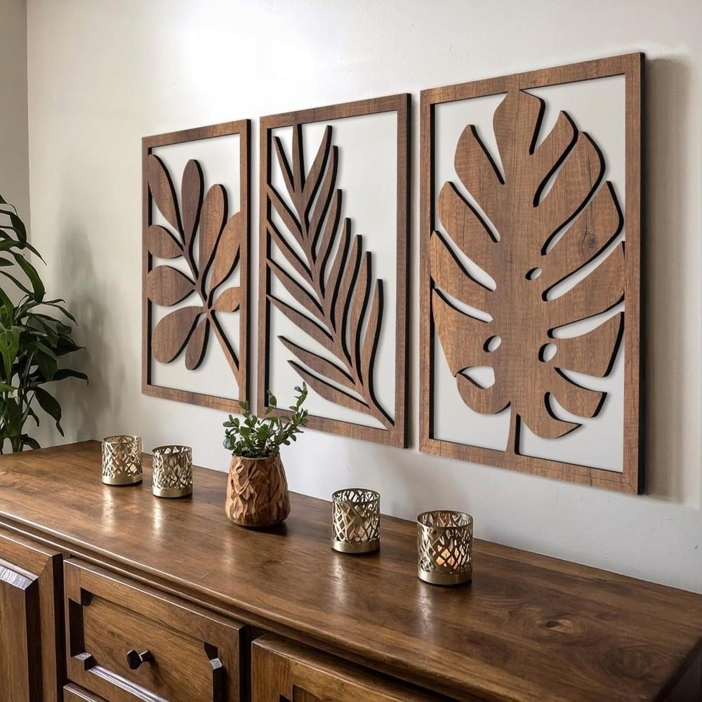 3Pcs Farmhouse Wooden Tropical Leaves Wall Sign Rustic Plant Wall Ornament Indoor Home Decor