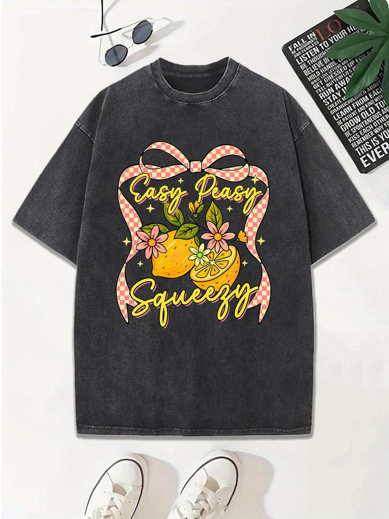 Easy Peasy Squeezy Lemons Flower Bow Cotton Washed TShirt Women Oversize Tops Casual ONeck Distressed T Shirt Summer Clothes