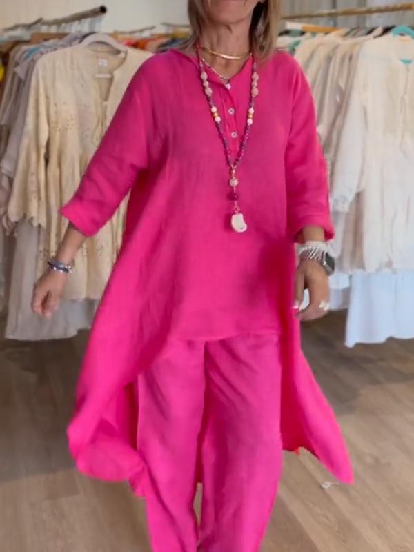 Женский однотонный повседневный летний комплект из хлопка и льна с длинными рукавами