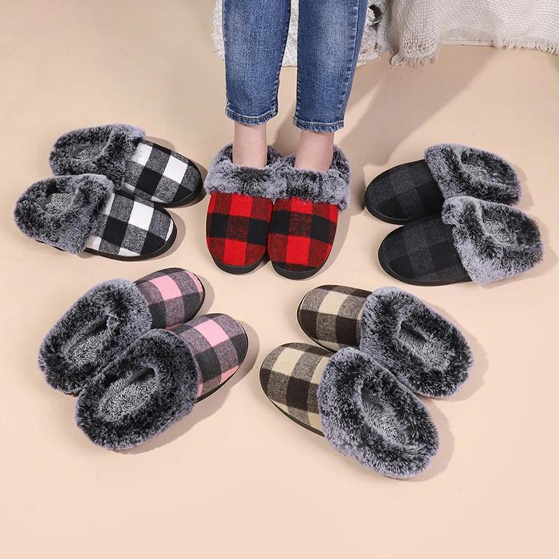 Faux Fur Thicken Plush Winter Slippers Women Closed Toe Non-Slip Warm Cotton Slides Woman Light Flat Heel Fur Slippers Female