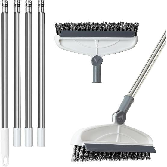 Grout Cleaning Brush with Long Handle, Stiff Brush, Swivel Hard Bristle Brush, 2 in 1 Scrub Brush with Scraper, Tapered Bristles Grouting Line Brush,