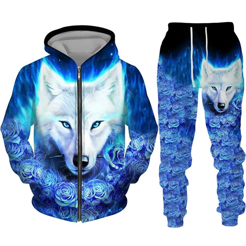 Men's Zipper Hoodie Set 3D Printed Animal Wolf Sportswear/Pants Casual Street Long Sleeve Loose Spring Autumn 2 Piece Set