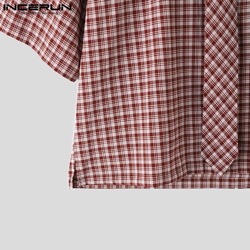 INCERUN Summer Oversized Men Tie Up Neck Half Sleeve Plaid Print Casual Loose Shirts