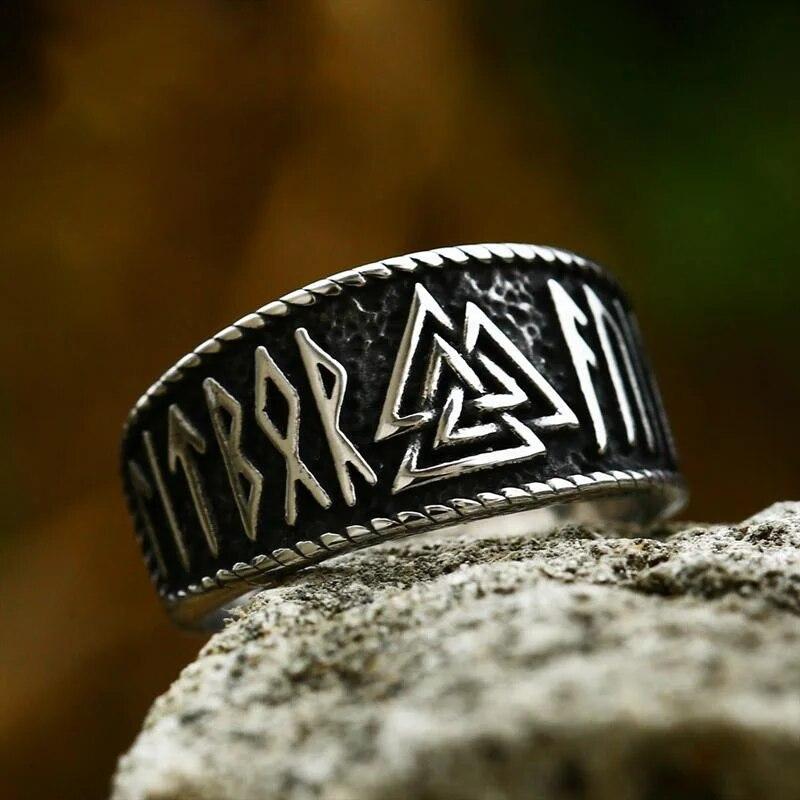 Men Biker Nordic Viking Rings Stainless Steel Retro Nordic Ethnic Belief Odin Viking Rune Ring Men Amulet Jewelry