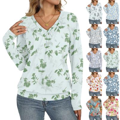 Женский повседневный модный топ с V-образным вырезом, рукавами реглан, плиссировкой и цветочным принтом, с длинным рукавом