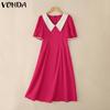 VONDA Женское платье с V-образным воротником-куклой, коротким рукавом, однотонное, свободное, плиссированное, длиной до щиколотки