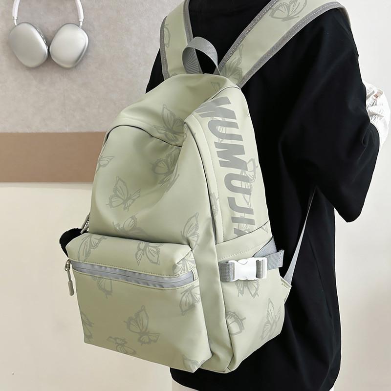 Simple Solid Color Butterfly Pattern Student Backpack With Plush Pendant For School And College Students
