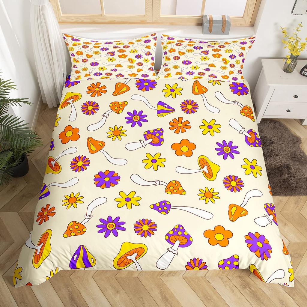 Cute Mushroom Bedding Set Twin Full Size Kids Comforter Cover Set for Teens Duvet Cover Room Decor Quilt Cover with Pillowcases