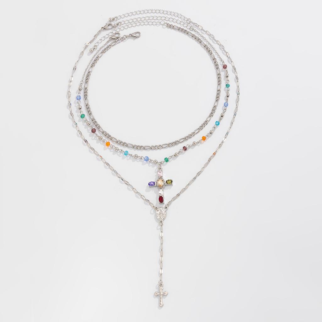3Pcs/Set Colorful Crystal Cross Pendant Necklace for Men Hip Hop Adjustable Choker Collar Chain Christian Jewelry Accessories