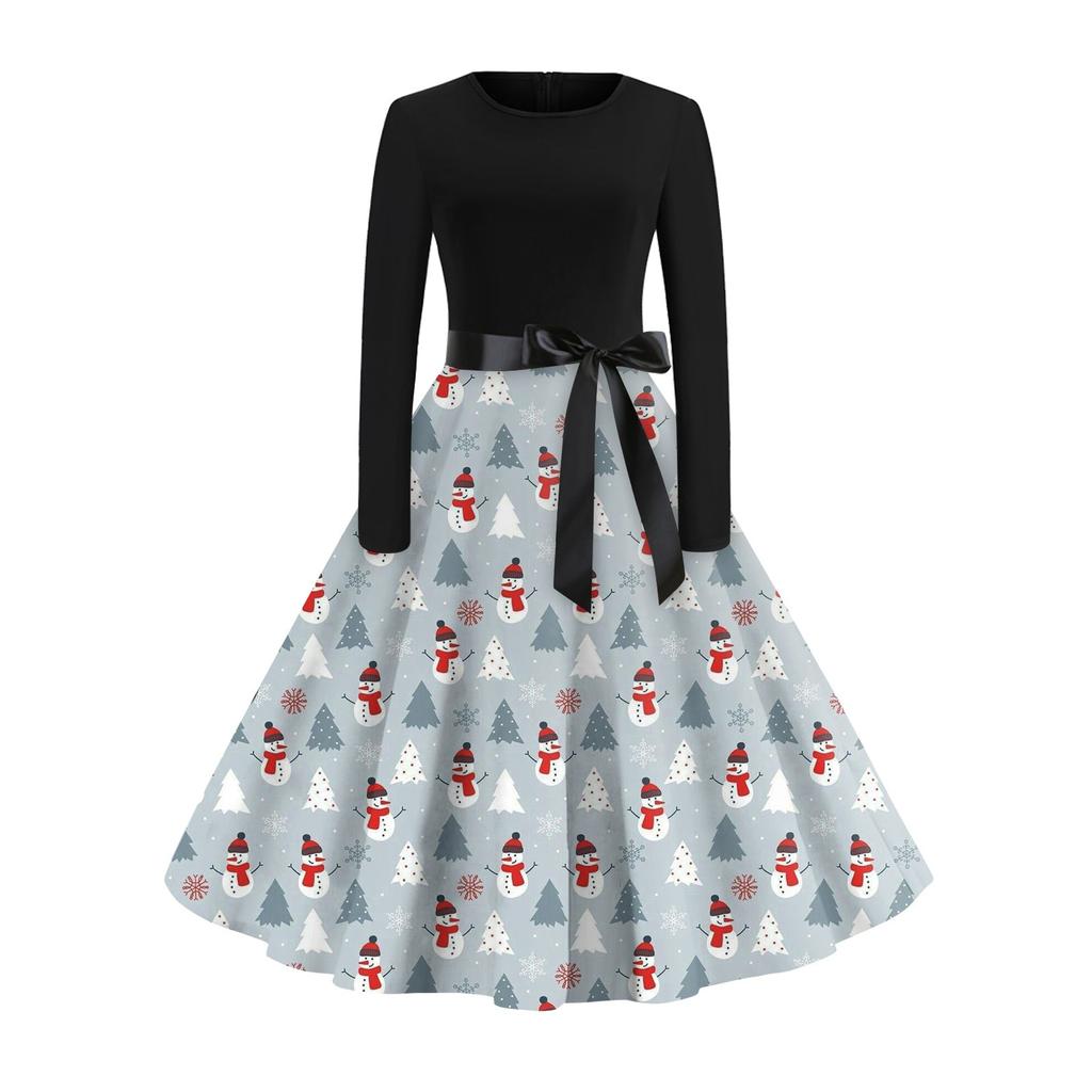 Женское винтажное классическое платье с длинным рукавом и рождественским принтом, свободное платье с круглым вырезом
