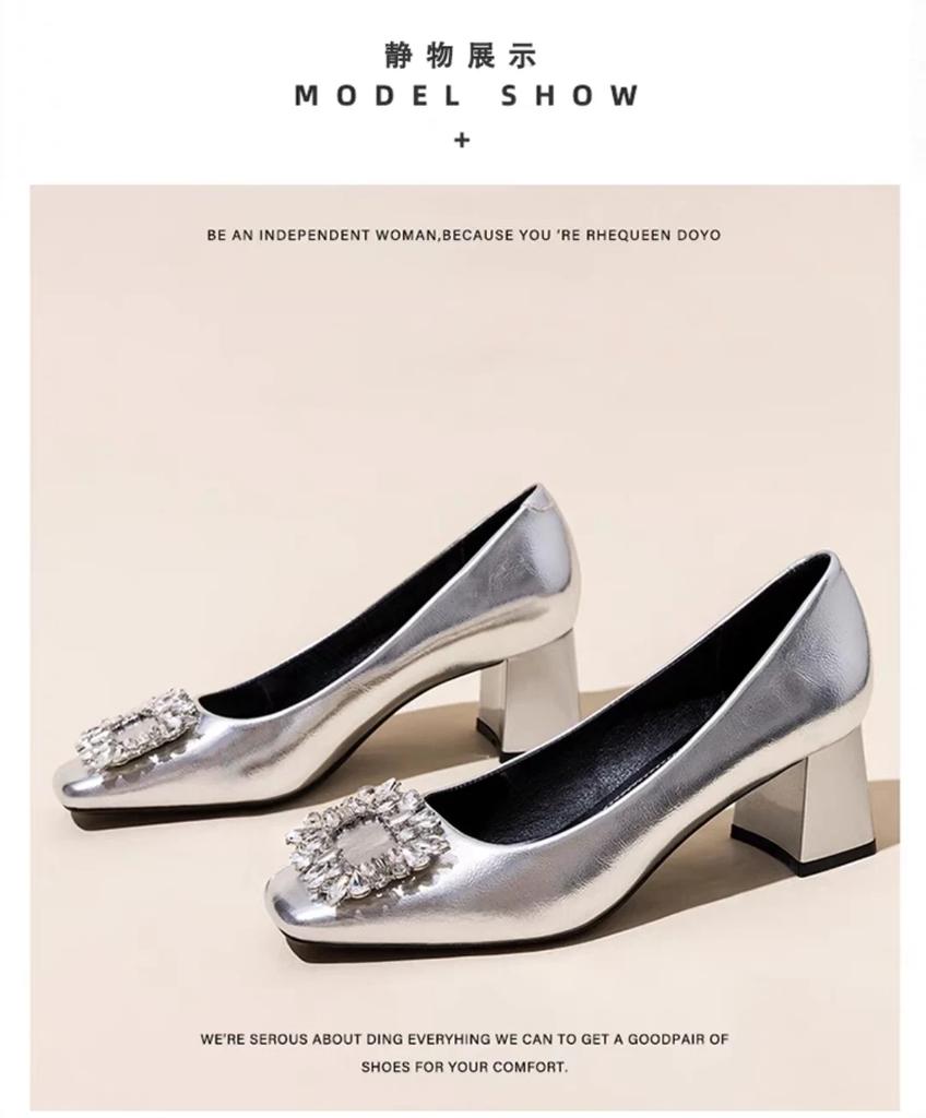 Французский темперамент серебристые туфли на высоком каблуке женские из мягкой кожи 2024 весна и осень новые толстый каблук квадратный носок хрустальные одинарные туфли