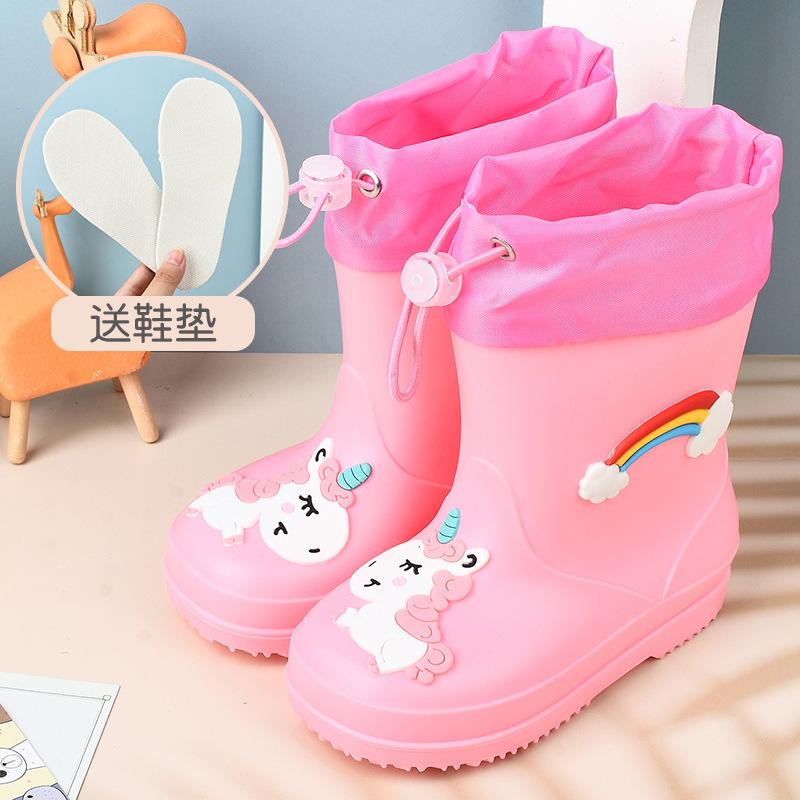 Online Children's Rain Shoes Girls Bundle Velvet Boys Non-slip Water Shoes Four Seasons Cartoon Cute Rain Boots Children
