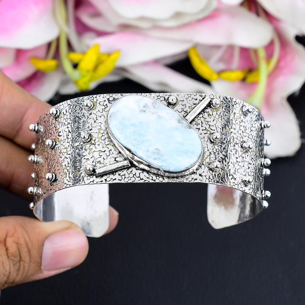 Republic Larimar Gemstone 925 Sterling Silver Cuff Bangle Adjustable KG-1873