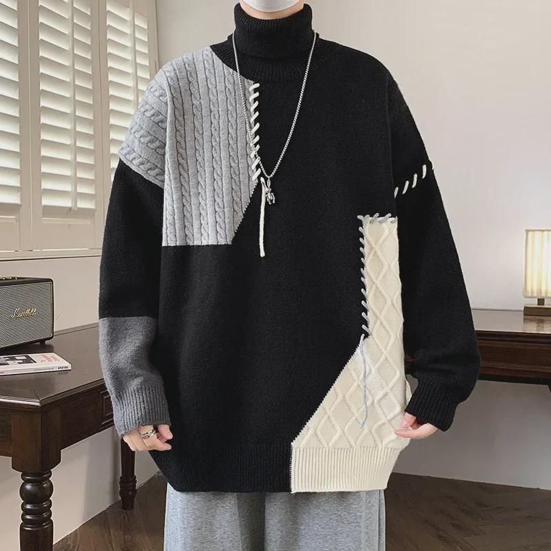 Men's Warm Knitted Winter Turtleneck Sweater - Contrast Design, Long Sleeve