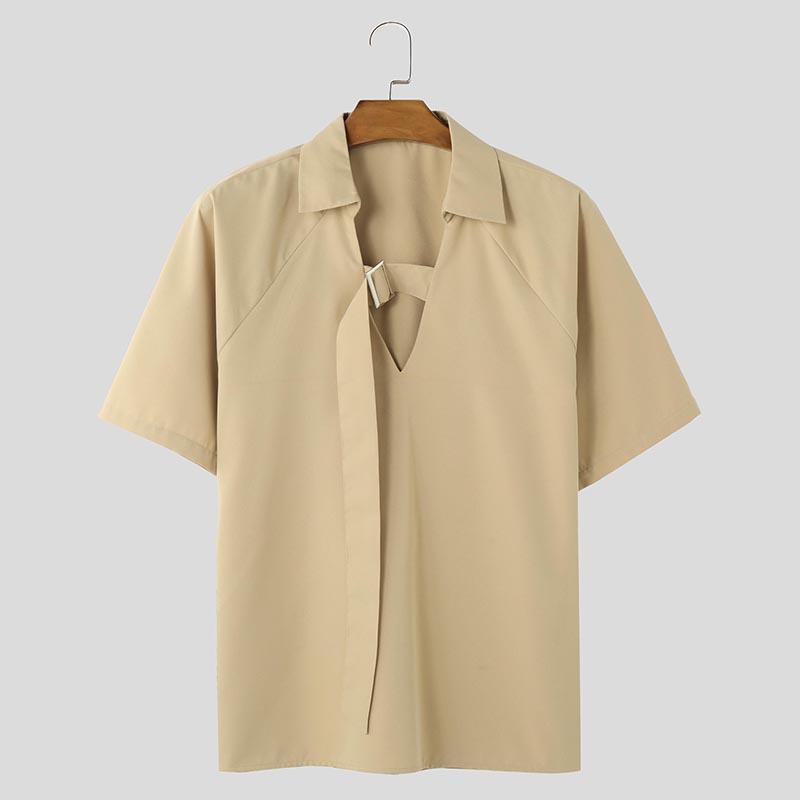 INCERUN Летние мужские однотонные повседневные футболки с коротким рукавом и металлической пряжкой на шее