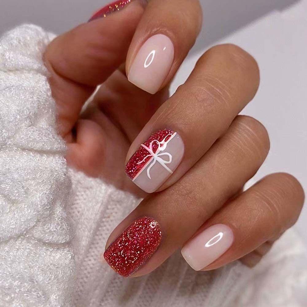 24Pcs/set Manicure Material Christmas Short False Nails DIY Nail Accessories Nail Supplies Christmas Short Fake Nails Snowflake
