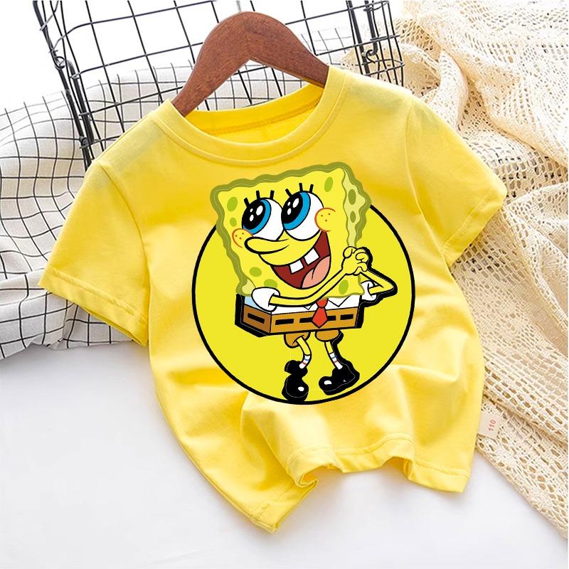 Cute SpongeBobs T-shirt Kids Anime Round Role Boys Girl Toddler Cotton Streetwear Tees Casual Short Sleeve Childern Clothes Tops