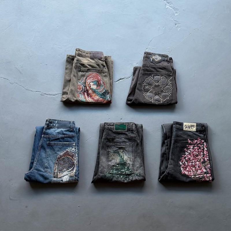 Mens Straight Leg Jeans Heavy Duty Embroidered Statue Denim Pants Street Style Youth Fashion