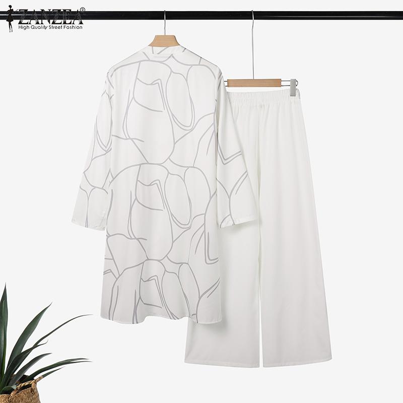 ZANZEA Women Long Sleeve Print Blouse and Pants Casual Two Piece Suit Sets