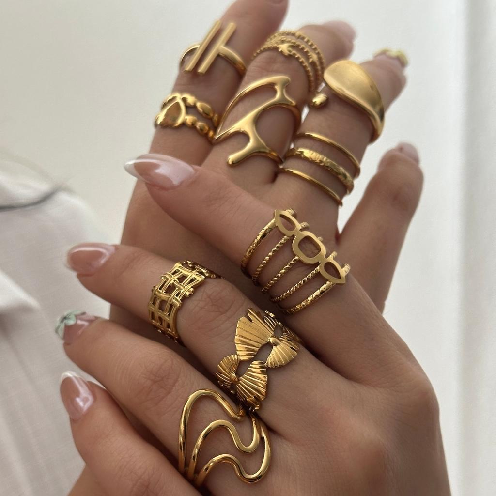 Punk Stainless Steel Irregular Plaid Metal Lava Finger Rings For Women Men Shell Sun Moon Star Heart Geometric Line Ring Jewelry