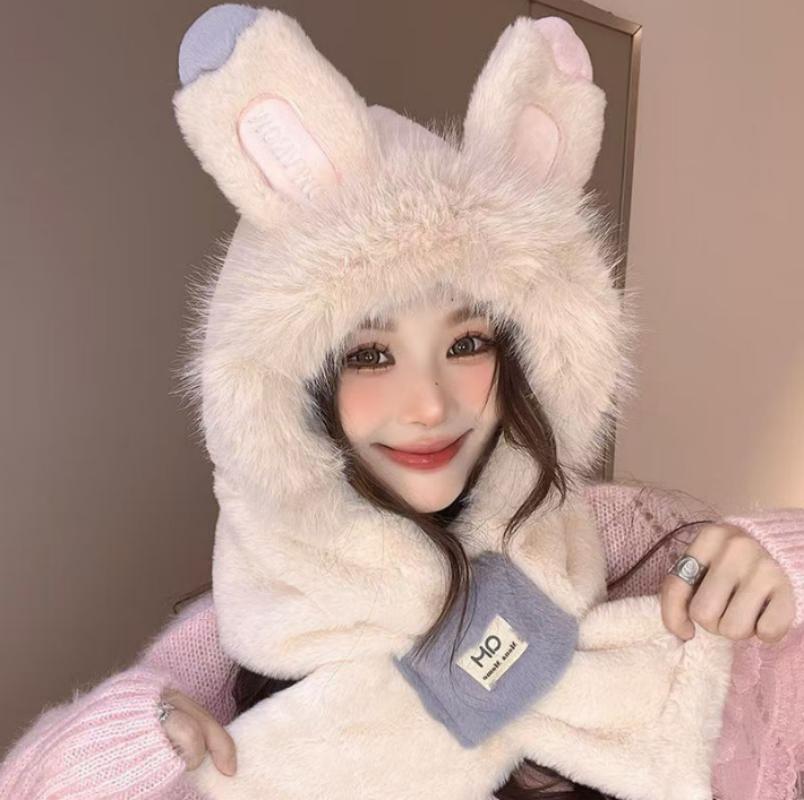 Cute Hat Scarf Integrated Winter Thickened Hat Scarf  Ear  Windproof Cute Fashion Outdoor Winter Warm Hat Plush Furry Plus Scarf Two-piece Set
