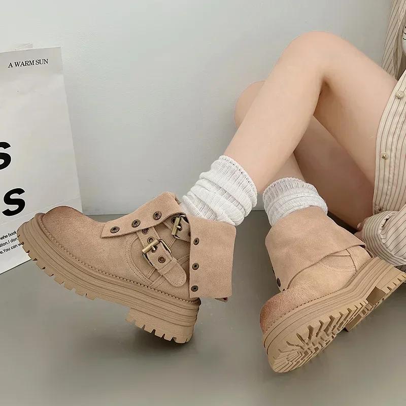 Fashion Matte Leather Thick Soled Women Boots New Autumn Collar Retro British Style Anti-skid Belt Buckle Short Boots Female Boots