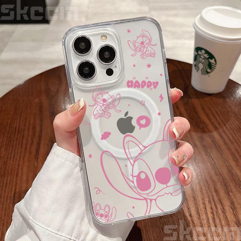 Disney Stitch And Angel Clear Case For Samsung Galaxy S25 S24 S23 S22 S21 Ultra Plus S20 FE For Magsafe Wireless Charging Cover