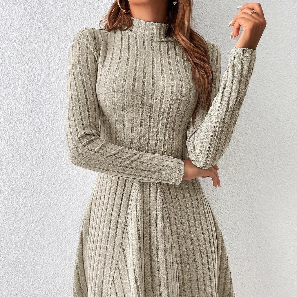2024 Women's Gentle Style Solid Color Knit Dress - Round Neck, Waist-Hugging, Long Sleeve